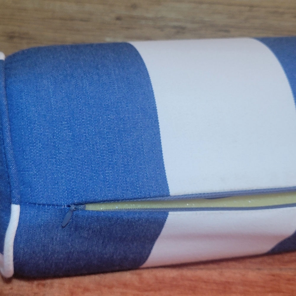 New Outdoor Sunbrella Neck Roll Bolster Pillow Water Resistant Blue & White - Picture 4 of 16